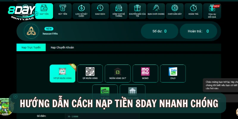 Hướng dẫn các phương thức nạp tiền 8DAY nhanh chóng