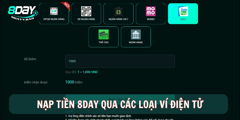 Nạp tiền 8DAY qua các loại ví điện tử